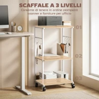 HOMCOM Supporto stampante a 3 livelli con ruote e ganci, Naturale(m-4)