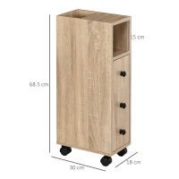 Kleankin Armadietto da Bagno a Colonna, Mobile Bagno con 4 Ruote, 1 Cassetto 1 Armadietto con Anta 2 Armadietti Aperti, Color Rovere, 18x30x68.5 cm(m-3)