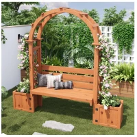 Banco-pérgola con maceteros y enrejado curvado, función triple: banco, macetero y soporte para trepadoras, 160x30,5x160 cm, Color natural(m-4)