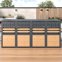 Mülltonnenbox mit hydraulischem Klappdeckel, vier abschließbare Fächer, rautenförmige Belüftung, 264x80x120 cm, Grau+Naturfarbe(m-5)