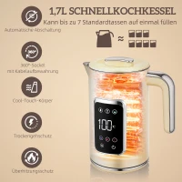 HOMCOM Wasserkocher und Toaster-Set mit LED-Touchscreen, 1,7 L, 2 Toasterschlitze, verschiedene Modi und Funktionen, Cremeweiß(m-4)