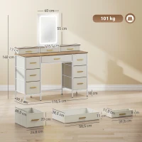 HOMCOM Masă de toaletă cu oglindă și lumini LED 3 culori, masă de machiaj 10 sertare din material textil, 118,5 x 39,5 x 140 cm natural(m-3)