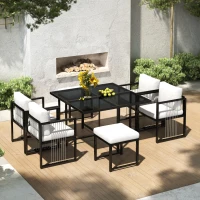 7-teiliges Garten-Essset für 6 Personen, Tisch aus gehärtetem Glas, 4 geflochtene Sessel und 2 Fußhocker, Schwarz+Weiß(m-5)