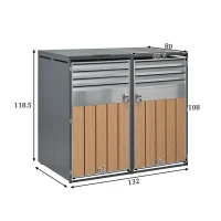 Mülltonnenbox mit hydraulischem Klappdeckel, zweiteiliges Design für 2 Mülltonnen, 132x80x118,5 cm, Grau+Naturfarbe(m-3)