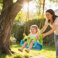 Outsunny Baloiço Infantil 3 em 1 com Cordas Ajustáveis, Encosto Removível, Barra em T e Cinto de Segurança Verde Escuro(m-2)