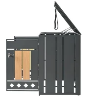 Mülltonnenbox mit hydraulischem Klappdeckel, abschließbaren Türen und zwei Fächern, 132x80x118,5 cm, Grau+Naturfarbe(m-8)