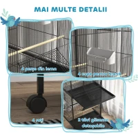 PawHut Volieră pentru Păsări pe Roți cu Tăvițe Detașabile din Plastic și Stinghii, Colivie pentru Canari din Metal, 168 cm, Negru(m-4)