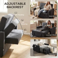 HOMCOM Loveseat Sofa Bed, Convertible Bed Settee with 2 Pillows, Side Pockets, Black(m-5)