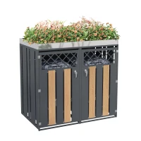 Mülltonnenschrank mit Blumentrog, 2-tlg. abschließbare Mülltonnenbox, 132x80x124,5 cm, Grau+Naturfarbe(m-6)