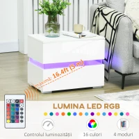 HOMCOM Noptieră cu lumină LED RGB încorporată, 2 sertare, 4 moduri de iluminare și 16 culori, din PAL, 60x39x47cm, Alb(m-7)