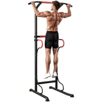 HOMCOM Station de musculation multifonctions barre de traction chaise romaine hauteur réglable acier noir rouge(m-1)