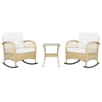 Juego de balcón de ratán (3 piezas), 2 cómodas sillas mecedoras con respaldo alto, 80x76x86 cm, Beige