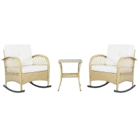 Juego de balcón de ratán (3 piezas), 2 cómodas sillas mecedoras con respaldo alto, 80x76x86 cm, Beige(m-1)