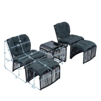 5-teiliges Outdoor Gartenmöbel-Set, Balkon-Loungeset mit 2 Stühlen, 2 Hockern und Glastisch, Schwarz+Grau(m-3)