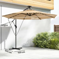 Outsunny Chapéu de Sol Excêntrico com Luzes LED Solares 330x295 cm Chapéu de Sol para Jardim com Base Cruzada Manivela Capa Protetora Caqui(m-3)