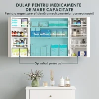 HOMCOM Dulap Medicamente de Perete cu Cheie, 3 Rafturi Interne și 8 Suporturi pentru Sticle, Dulap din MDF și Metal, pentru Bucătărie, Hol, Living, 53x20x53 cm, Alb(m-4)