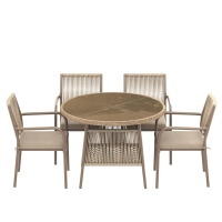 Ensemble de jardin moderne 5 pièces, table ronde avec plateau en verre trempé, 4 chaises avec accoudoirs et dossier en corde, Marron