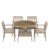 Conjunto de muebles de jardín moderno de 5 piezas, mesa redonda con tablero de vidrio templado, 4 sillas con reposabrazos y respaldo de cuerda, Marrón(m-1)