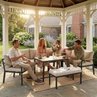 Outsunny 7 Seater Garden Furniture Set, Metal Garden Sofa Set with Cushions, Outdoor Furniture Conversation Sets, Khaki(m-9)