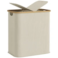 HOMCOM Panier à linge double pliable 80 L corbeille à linge sale avec couvercle, poignées rainurées, beige(m-11)