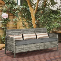 Outsunny Canapea pentru Exterior Gradina sau Terasa cu 3 locuri dim Ratan cu perne si dungi, Gri 173x68x78cm(m-2)