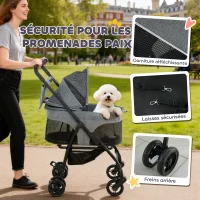 PawHut Poussette pour Chien Pousse-Chien 3 en 1 Détachable Pliable Nacelle Amovible et Sans Fermeture Éclair Suspension Gris(m-6)