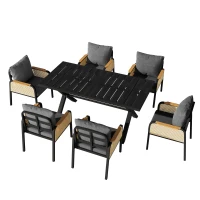 Modernes 6-teiliges Garten- und Terrassen-Esstisch-Set, kreuzförmigem Eisengestell, Schwarz+Naturfarbe(m-7)