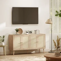 HOMCOM Bufet pentru living, mobilier de depozitare cu uși cu împletitură (cannage) și poliță reglabilă 140 x 40 x 75 cm, aspect lemn natural(m-4)