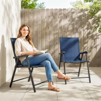 Outsunny Folding Garden Chairs Set of 2, Foldable Garden Dining Chairs with High Back, Armrests, Texteline Seat, Navy Blue(m-8)