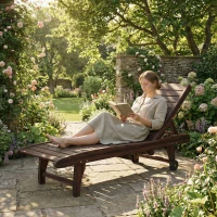 Outsunny Outdoor Wooden Sun Lounger with Built-In Table, Carbonised Finish(m-8)