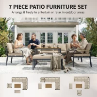 Outsunny 7 Seater Garden Furniture Set, Metal Garden Sofa Set with Cushions, Outdoor Furniture Conversation Sets, Khaki(m-4)
