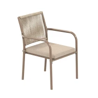 Conjunto de muebles de jardín moderno de 5 piezas, mesa redonda con tablero de vidrio templado, 4 sillas con reposabrazos y respaldo de cuerda, Marrón(m-8)