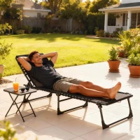 Outsunny Bain de Soleil transat Pliable Dossier inclinable Multi-Positions 189 x 58 x 30cm Acier Lacets élastiques textilène noir(m-6)