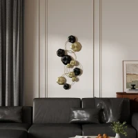HOMCOM Decorațiune de perete din metal în formă de frunză de lotus, design unic cu discuri multiple, 84 x 35 cm, auriu și negru(m-5)
