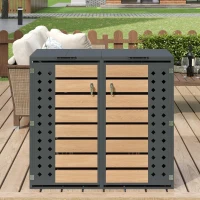 Mülltonnenbox mit hydraulischem Klappdeckel, zwei separaten Fächern und abschließbaren Türen, 132x80x118,5 cm, Grau+Naturfarbe(m-5)