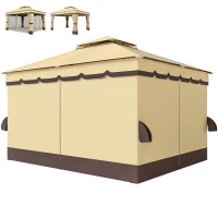 Outsunny Pérgola de Jardim 3,7x3 m com Teto Duplo 4 Cortinas e Mosquiteira Estrutura em Aço Orifícios de Drenagem UV30+ Bege(m-11)