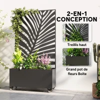 Outsunny Jardinière avec treillis, bac à fleurs, avec brise-vue et roulettes verrouillables, métal, 90 x 30 x 160 cm, noir(m-4)