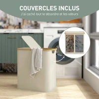 HOMCOM Panier à linge double pliable 80 L corbeille à linge sale avec couvercle, poignées rainurées, beige(m-5)