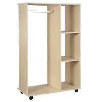 HOMCOM Open Wardrobe on Wheels, Bedroom Wardrobe with Clothes Hanging Rail, 3 Storage Shelves, Mobile Garment Rack for Cloakroom, Hallway, Maple Wood-Effect(m-10)
