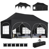 Outsunny 3 x 6m Pop Up Gazebo Shelter with Sides, 6 Sandbags, Peak Top Garden Party Tent Marquee with Carry Bag, Black(m-10)