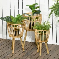 Outsunny Lot de 3 supports cache-pots à plantes lot de 3 étagères à fleurs support pots de fleurs sur pied trépied bois naturel(m-10)