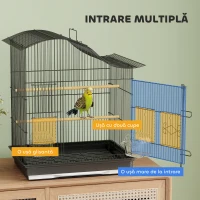 PawHut Cușcă pentru Păsări cu 4 Accesuri, 2 Boluri, 2 Stinghii și Tavă Detașabilă, Volieră din Metal și Plastic, 47,5x36x54,5 cm, Negru(m-5)