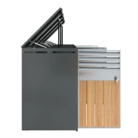 Mülltonnenbox mit hydraulischem Klappdeckel, 4-türiges Aufbewahrungsmodul, Lüftungslamellen, 264x80x118,5 cm, Grau+Naturfarbe(m-7)