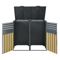 Mülltonnenbox mit hydraulischem Klappdeckel, zweiteiliges Design für 2 Mülltonnen, 132x80x118,5 cm, Grau+Naturfarbe(m-6)