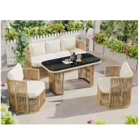 5-teiliges PE‑Rattan-Gartenmöbel-Set, 3‑Sitzer-Sofa, 2 Sesseln und Glastisch, Beige+Schwarz+Weiß(m-5)