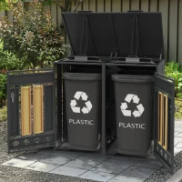 Mülltonnenbox mit hydraulischem Klappdeckel, abschließbaren Türen und zwei Fächern, 132x80x118,5 cm, Grau+Naturfarbe(m-4)