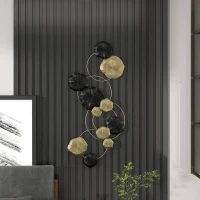 HOMCOM Decorațiune de perete din metal în formă de frunză de lotus, design unic cu discuri multiple, 84 x 35 cm, auriu și negru(m-4)