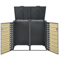 Mülltonnenbox mit hydraulischem Klappdeckel, zwei separaten Fächern und abschließbaren Türen, 132x80x118,5 cm, Grau+Naturfarbe(m-7)