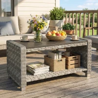 Outsunny Outdoor Coffee Table with Storage Shelf, PE Rattan Side Table with Slatted Top and Foot Pads, Grey(m-2)