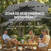 Outsunny Chapéu de Sol Excêntrico com Luzes LED Solares 330x295 cm Chapéu de Sol para Jardim com Base Cruzada Manivela Capa Protetora Cinzento Escuro(m-7)